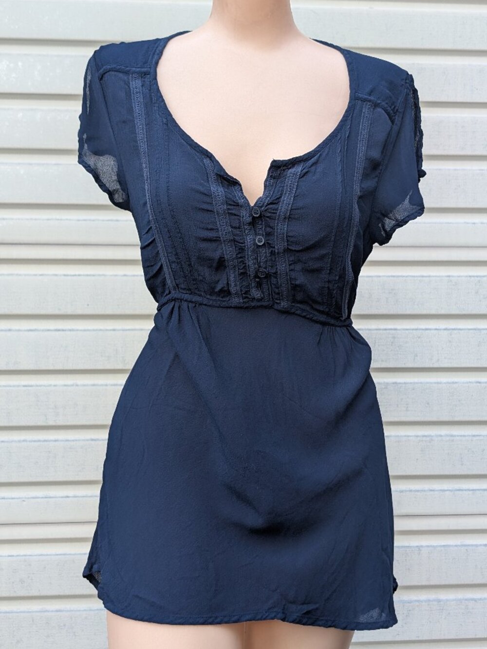 Vintage Faded Glory Top Womens M Navy Blue Boho Babydoll Empire Waist Rayon Y2K